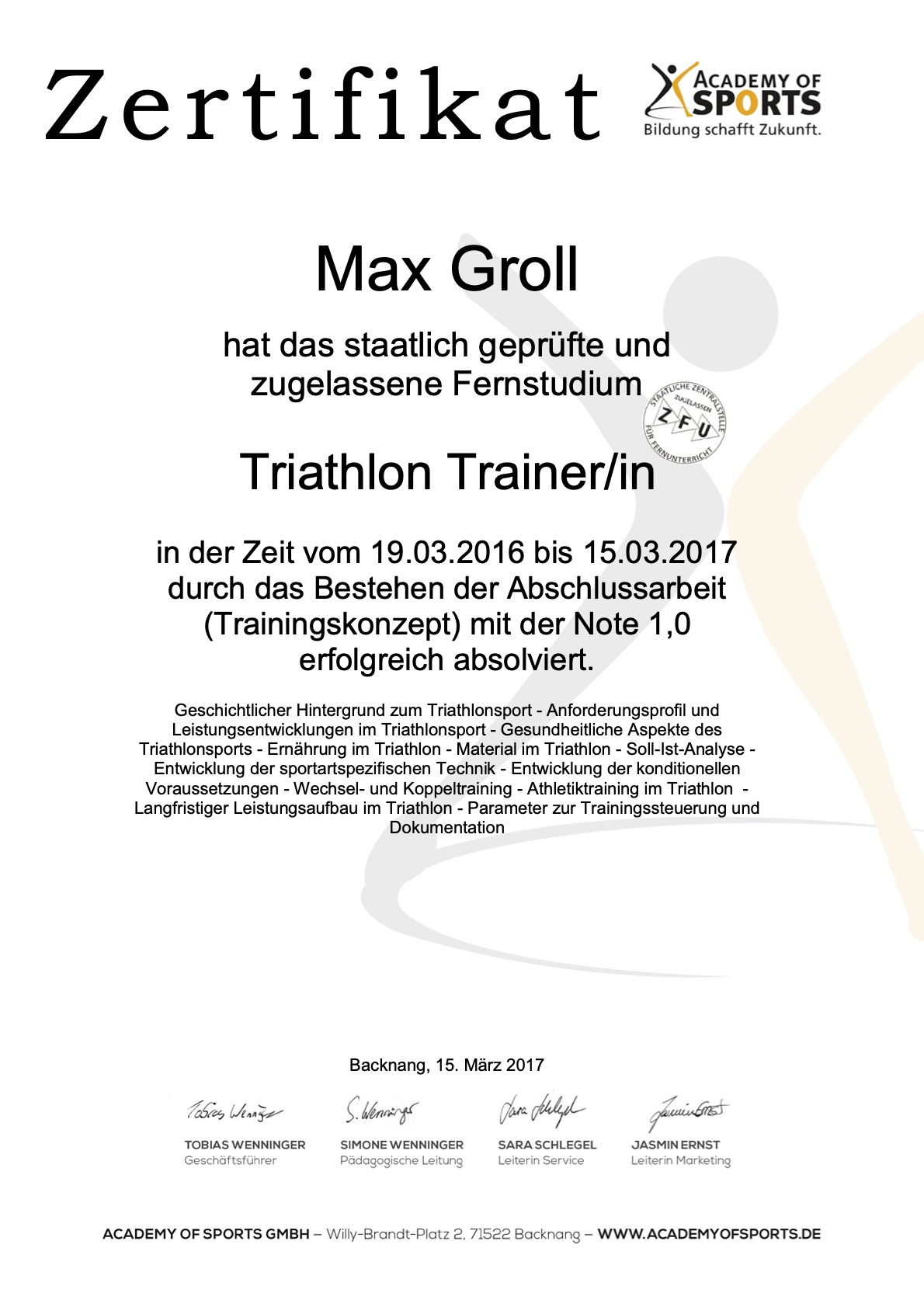 Zertifikat Triathlontrainer